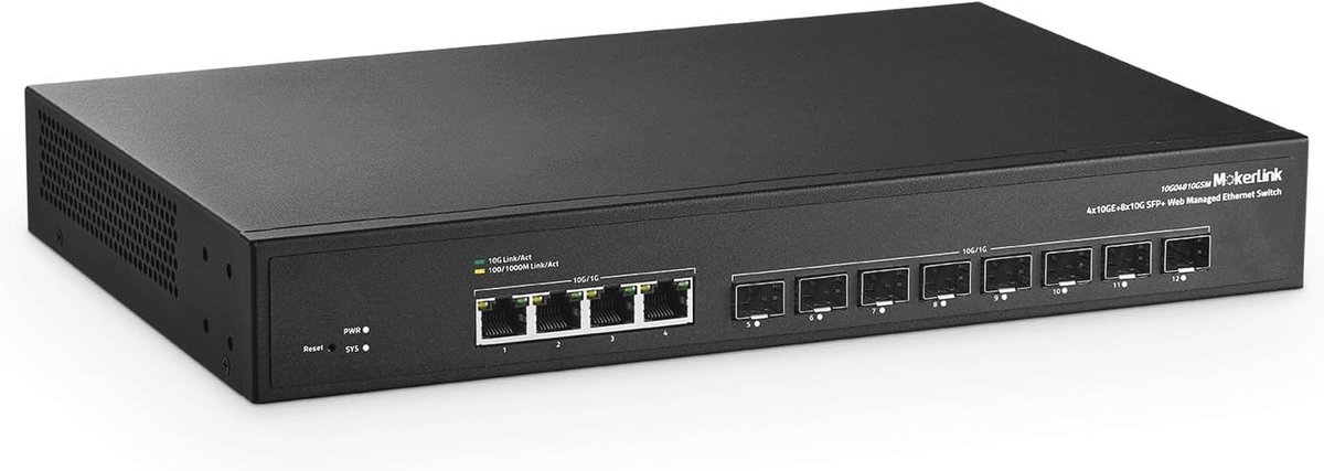 12-poorts 10 Gbps Managed Switch met 4x10G RJ45 en 8x10G SFP+ slots