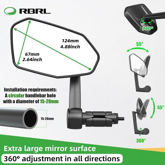 RBRL Fietsspiegel – Rechts, Groot Glas, 360° Verstelbaar, Aluminiumlegering, Past Stuur 22,2-25,4 Mm, Eenvoudig Te Installeren