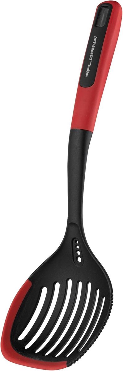 Siliconen Schuimspaan 33,5 cm - Antislip Soft-Touch Handvat - Hittebestendige Keukenhulp met Ophangoog - Vaatwasmachinebestendig - Rood/Zwart