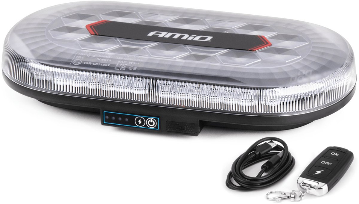 AMIO draadloze oranje led zwaailicht lichtbalk oplaadbaar 12/24v magnetisch afstandsbediening r65 r10 noodverlichting 326mm