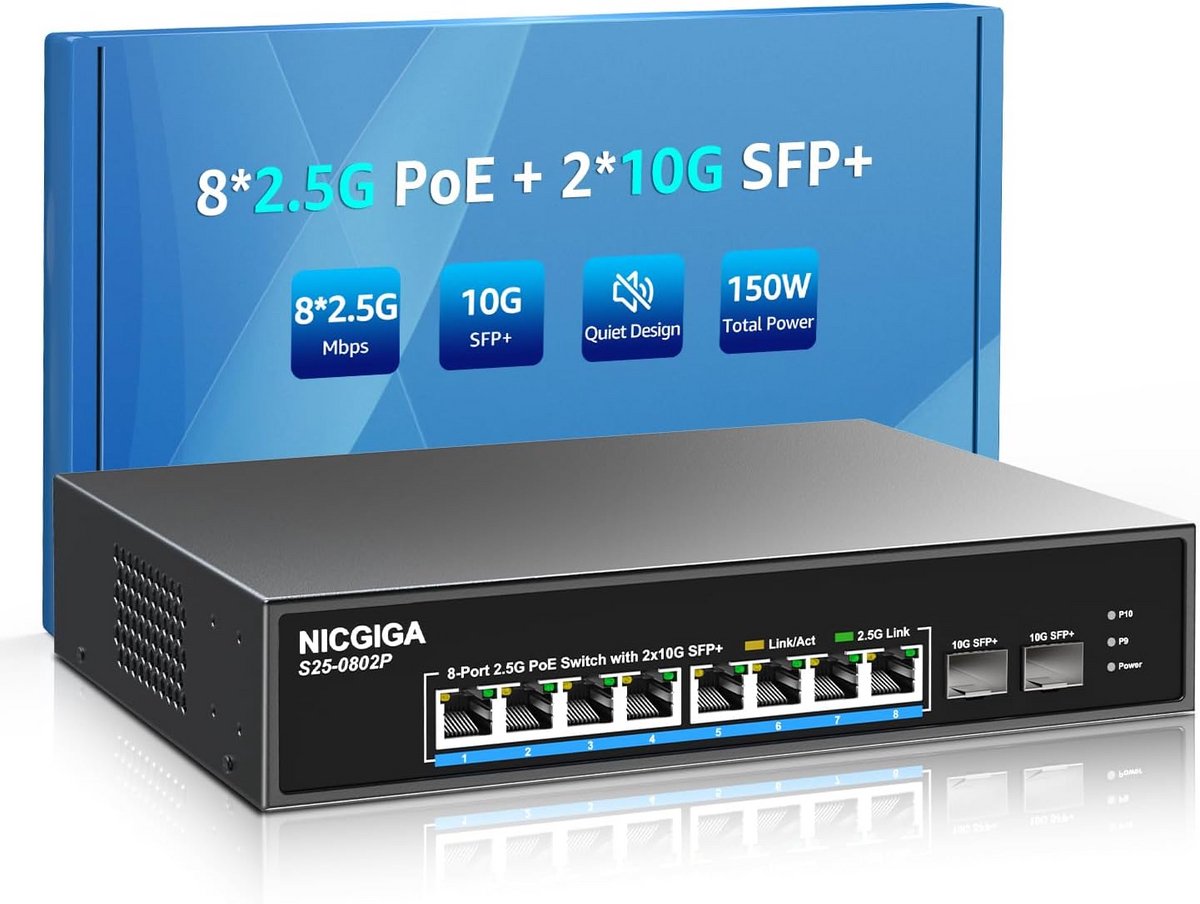 8-poorts 2.5G PoE-switch met 10 poorten en 130W power over ethernet