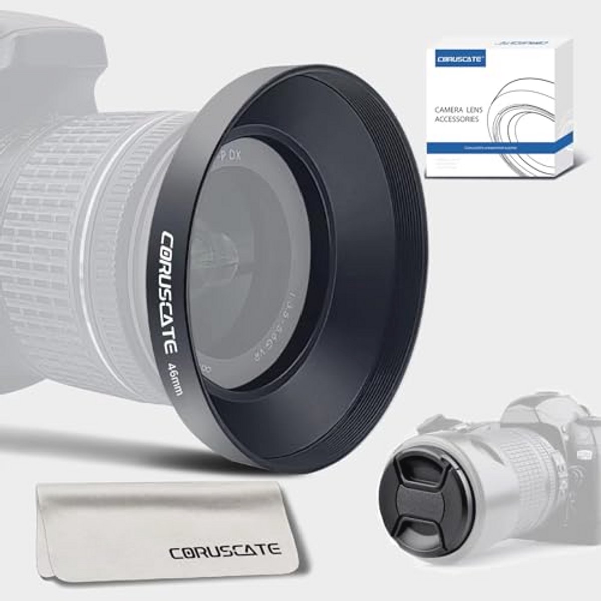 Universele metalen zonnekap van 46 mm, groothoek zonnekap, compatibel met alle 46 mm cameralens, 46 mm lensdop + lensreinigingsdoekje