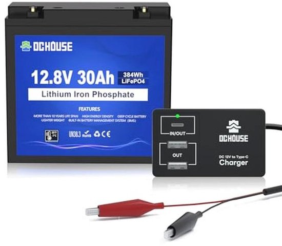 12V 30Ah LiFePO4 Lithium Accu met DC 12V naar Type-C & USB Adapter Converter - Diep Cyclus Accumulator voor RV, Golfkar, Grasmaaier, Zonnepaneel, Kids Car, Kamperen