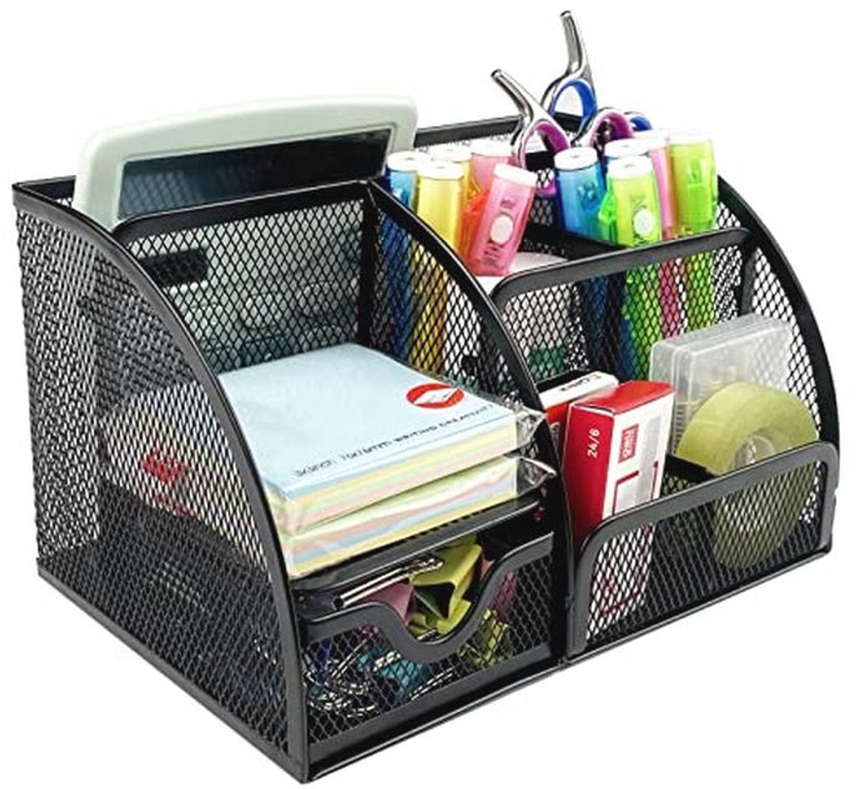 Bureau-organizer met 7 vakken - Zwart, Metalen net met uittrekbare lade