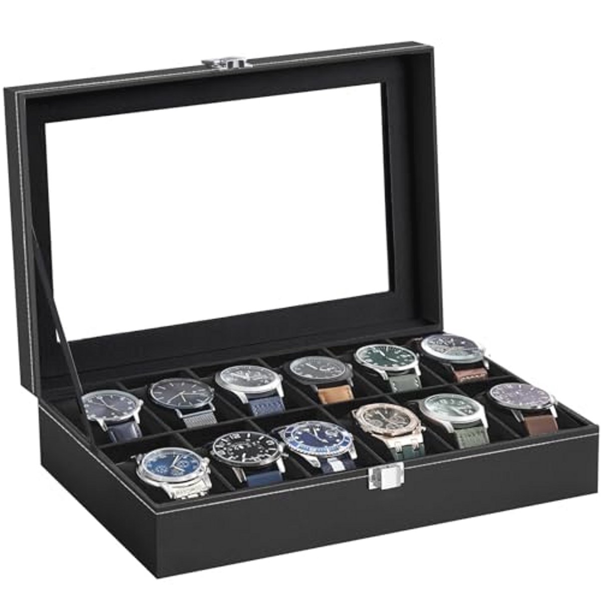 Horlogedoos met 12 Sleuven - Stijlvolle Opbergdoos voor Horloges in PU-leer met Transparant Glazen Deksel