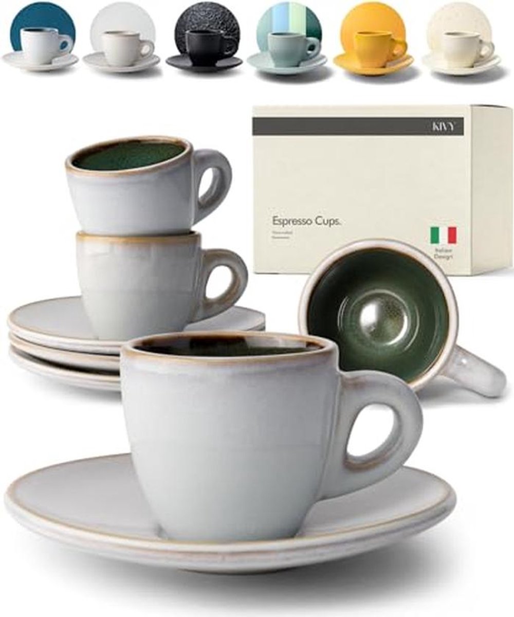 Set van 4 Handgemaakte Espresso Kopjes van Steenware - 75 ml - Groene Kleur met Schotels