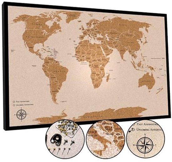 Grote Wereldkaart Pinbord 30" x 20" – Premium Kurk Reiskaart met Pinnen – Perfect Cadeau voor Reizigers