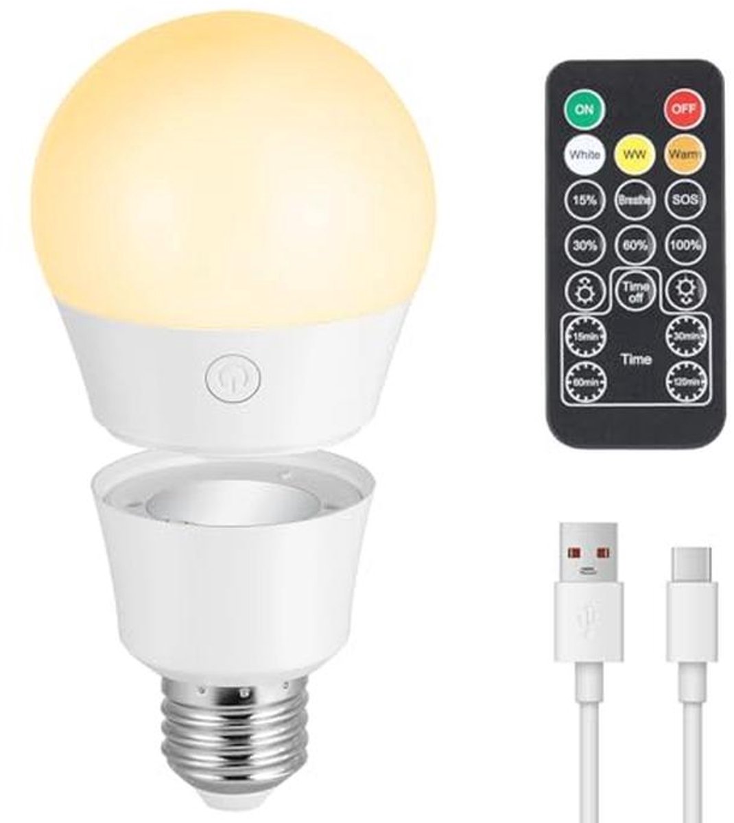 Oplaadbare E27 Ledlampen met Afstandsbediening en Timer - 7W Dimbare Batterij Gloeilamp