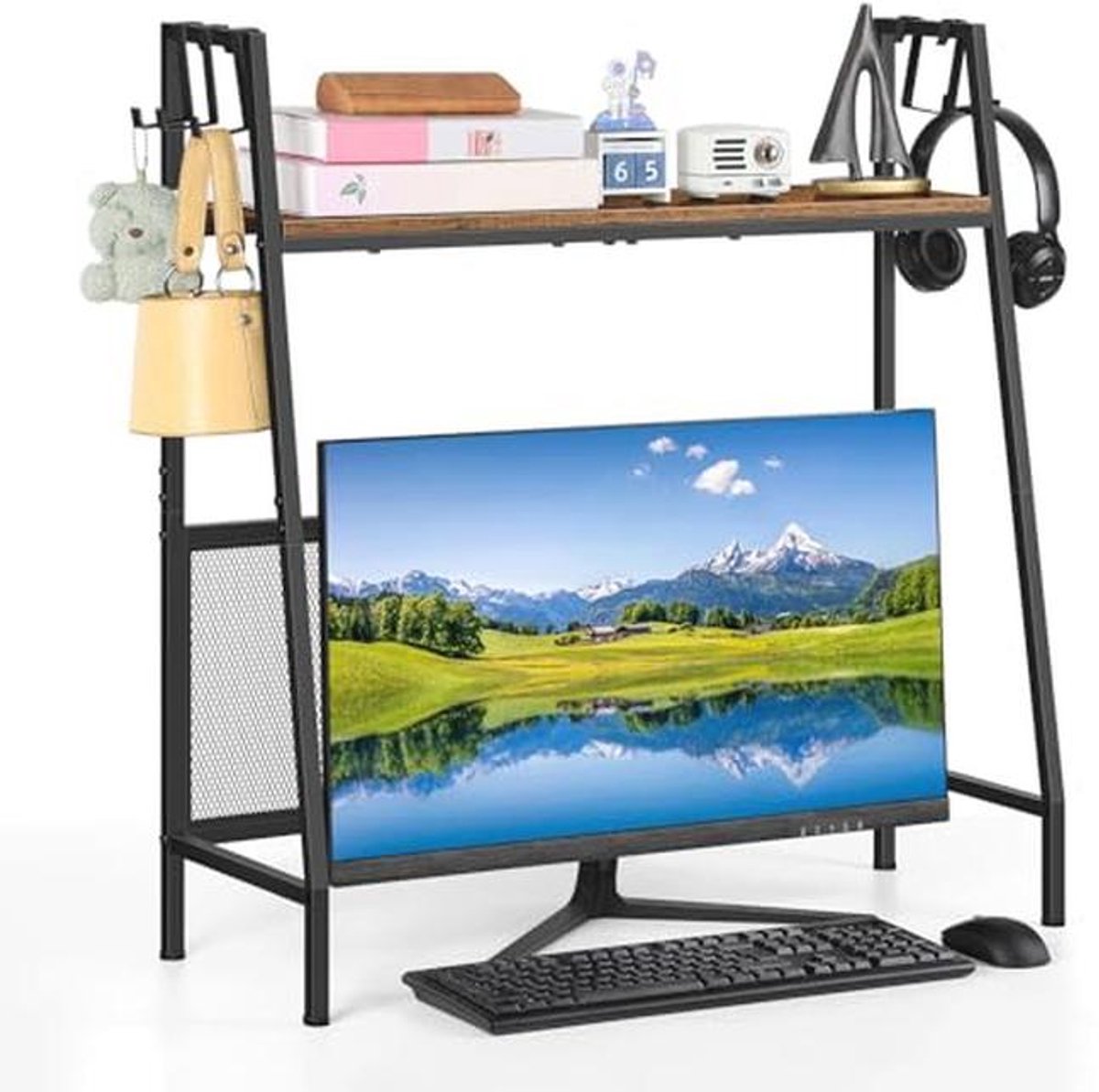 Desktop Plank 2 Tier Houten Bureau Organizer met 5 Haken voor Thuiskantoor en Keuken