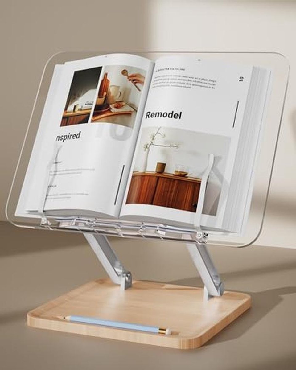 Verstelbare Acryl Boekenstandaard met 360° Draaibare Basis en Paginaclips