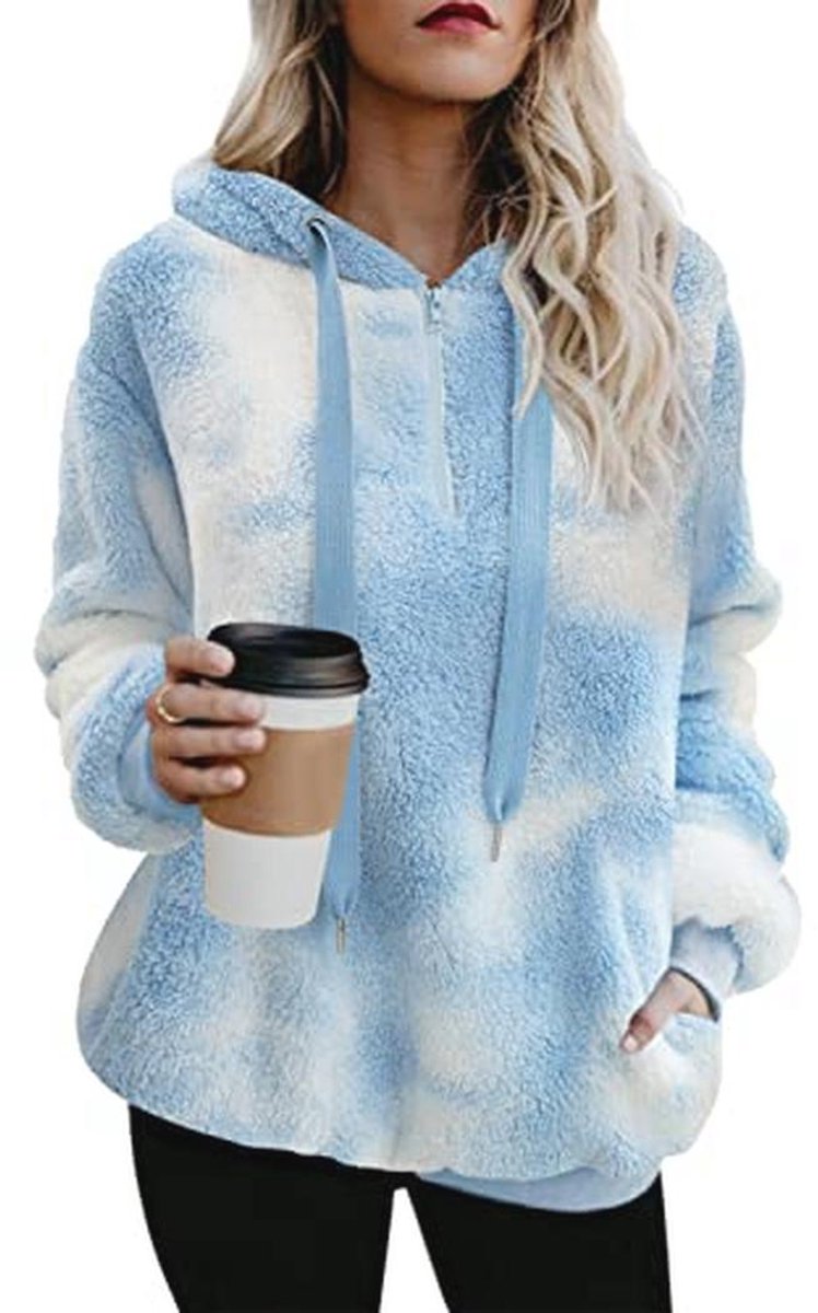 Oversized Sherpa Pullover Hoodie met Zakken - Fuzzy Fleece Sweatshirt (Blauw Wit, 3XL)