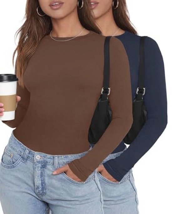 Aottori Bovenstukken met ronde hals voor dames, set van 2 tops met lange mouwen, zacht thermisch ondergoed, slim fit basislaagshirts, lichtgewicht trui met rolkraag, #Zwart, XXL