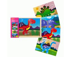 Product afbeelding van Houten Dinosaurus Puzzel Set – 4 Puzzels in Meeneem Doosje – Educatief Speelgoed 3+ – Houten Legpuzzels voor Kinderen