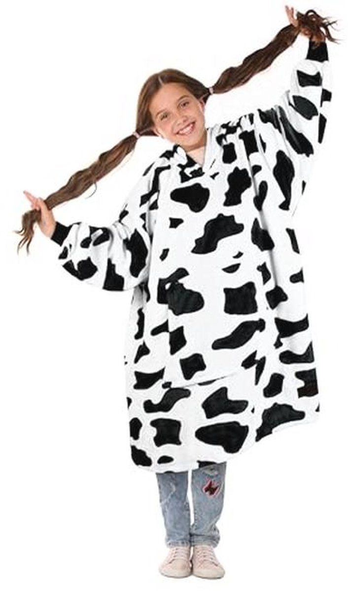 Extra Grote Fleece Capuchondeken - Zachte en Warme Hoodie Deken voor Kinderen en Tieners met Grote Voorvak - Koe-print