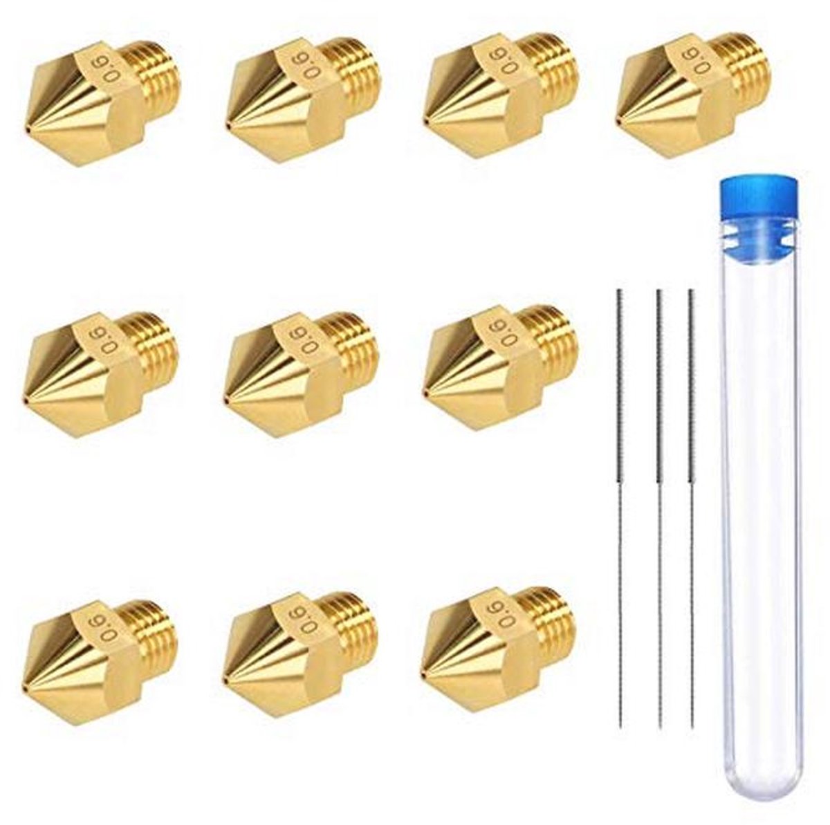 10 stuks MK8 3D printer nozzles 0.6 mm met 3 schoonmaaknaalden en opbergdoos