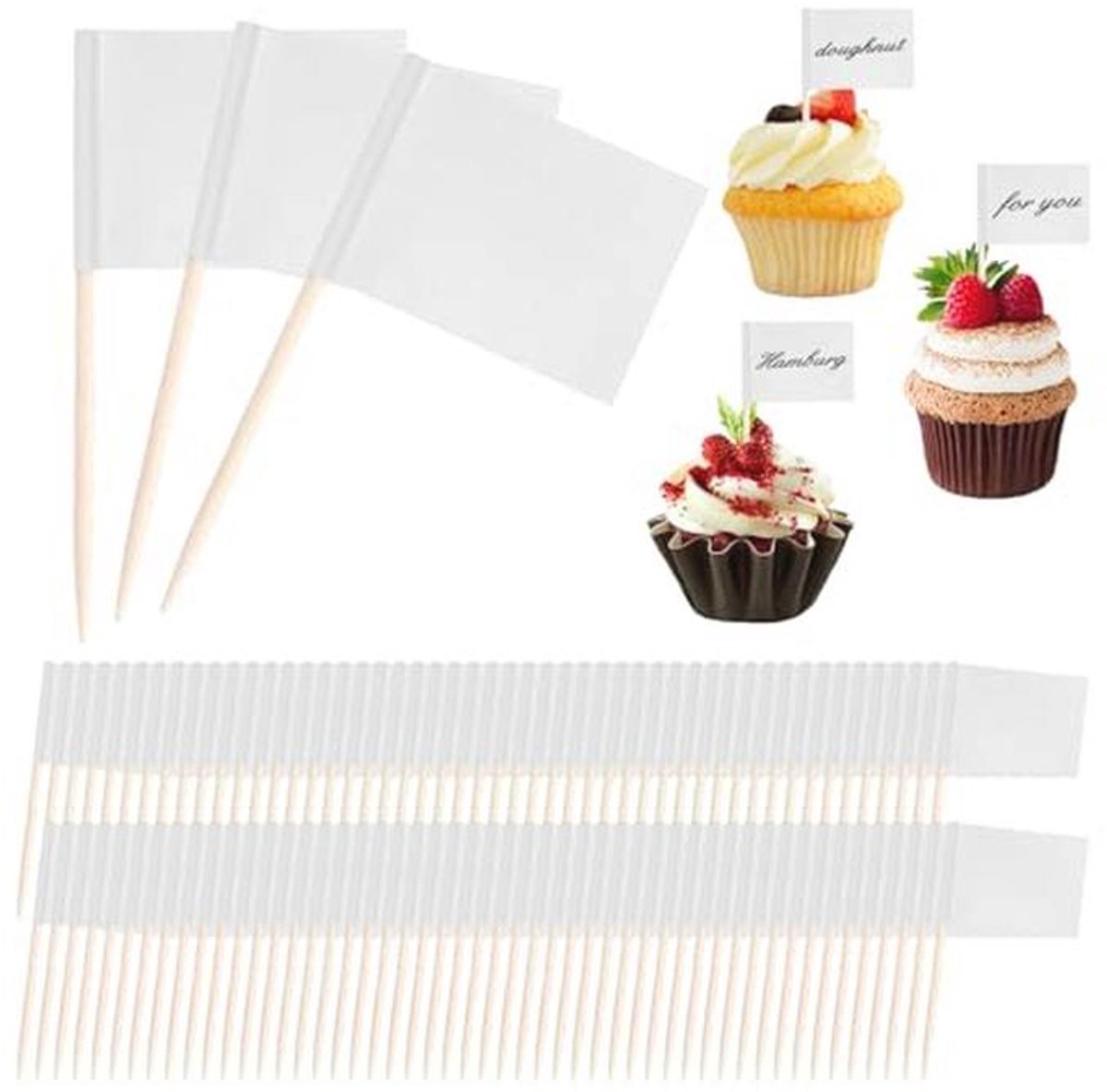 100 Stuks Lege Tandenstokers met Witte Vlaggetjes voor Decoratie en Buffet