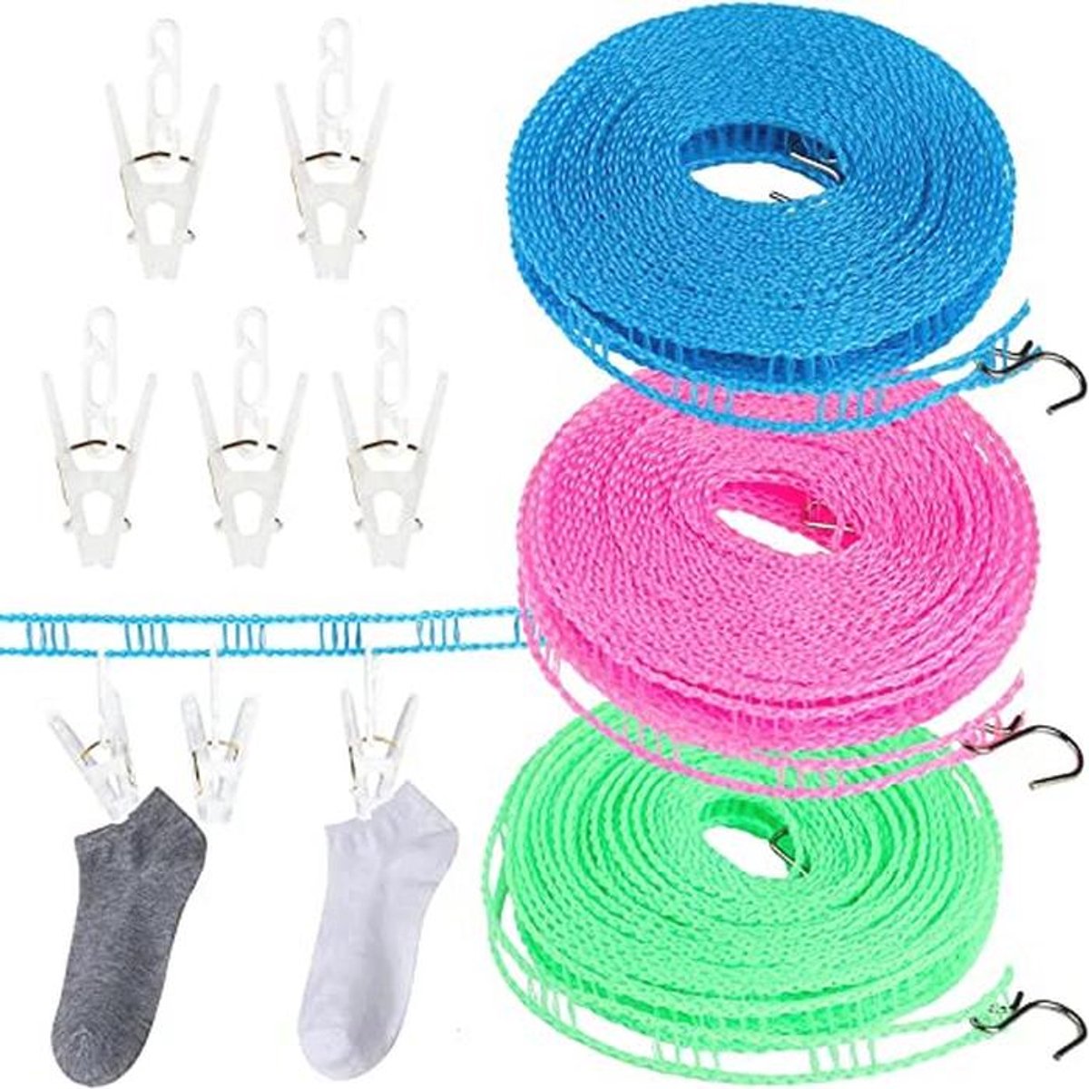Draagbare Winddichte Nylon Waslijn - 3 Stuks 8m met Antislip Pins voor Binnen en Buiten