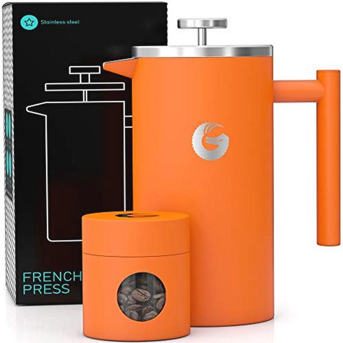 French Press Koffiezetapparaat - Dubbelwandig Geïsoleerd, 1 Liter Inhoud, Roestvrij Staal, Oranje