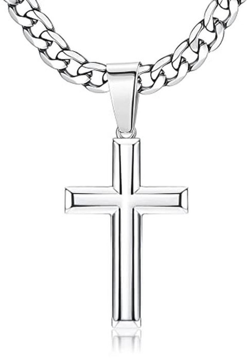 Chriscoco Halsketting voor dames en heren, 925 sterling zilver, figaro-ketting, roestvrij staal, diamantgeslepen figaro, kruis, gepolijst, afgeschuinde randen, Roestvrij staal, Geen edelsteen