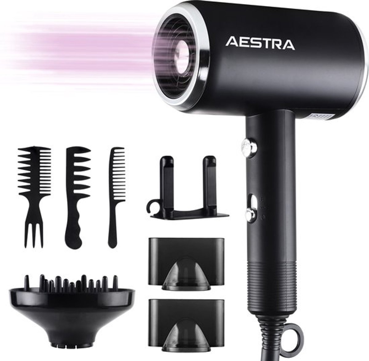 Föhn met Diffuser - Aestra - 1800W - Haardroger - 3 Opzetstukken - Ionische Functie - Zwart