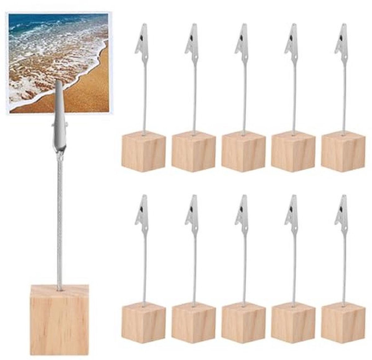 Fotohouders met Klem en Houten Sokkel - 10 Stuks voor Foto's, Memo's en Decoratie