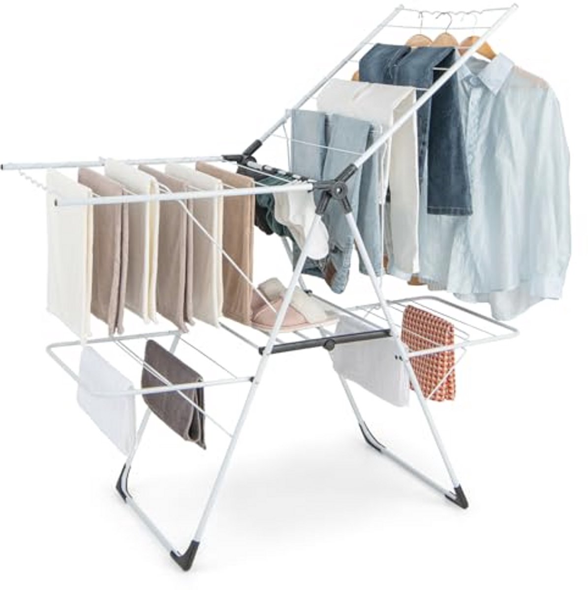 GIANTEX Opvouwbaar droogrek met 2 niveaus, opvouwbaar droogrek met verstelbare vleugels, nuttige clips, stabiel frame van roestvrij staal in A-vorm, droogrek voor binnen en buiten