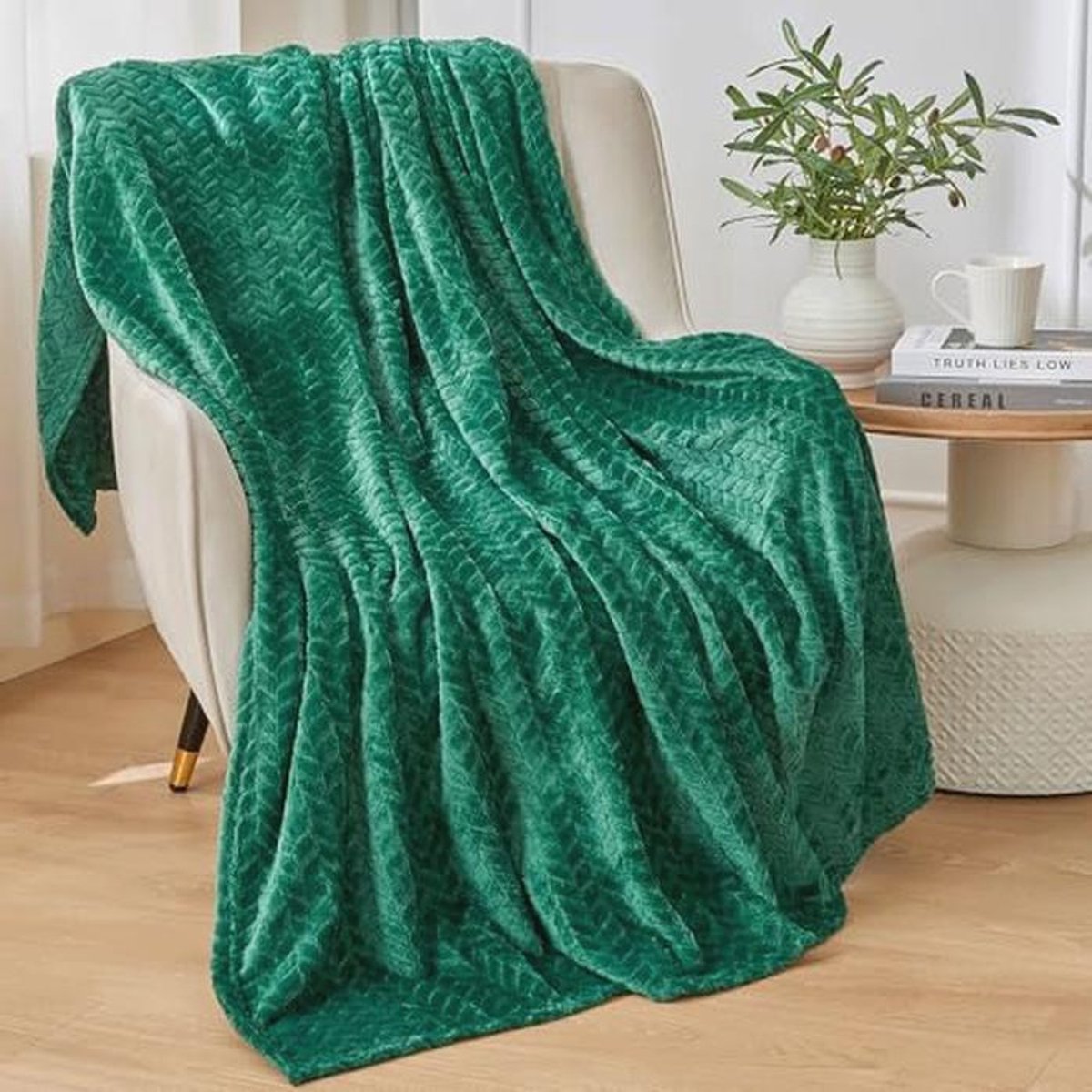Zachte Fleece Deken 150 x 200 CM met Jacquard Bladeren Patroon - Luxe Plaid voor Bed en Bank