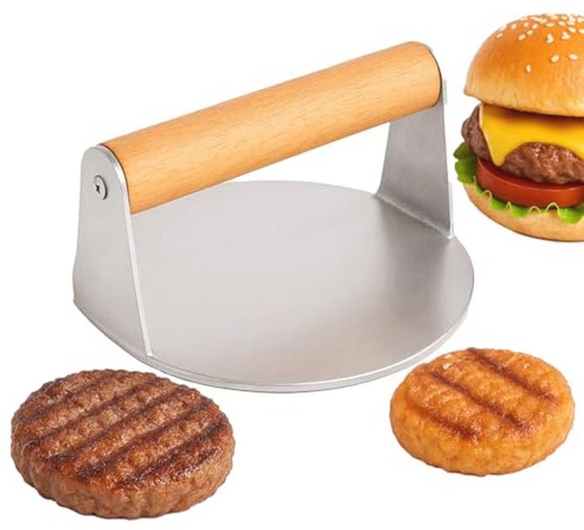 RVS Burgerpers met Houten Handgreep - Perfect voor Grillen en Vleesbereiding