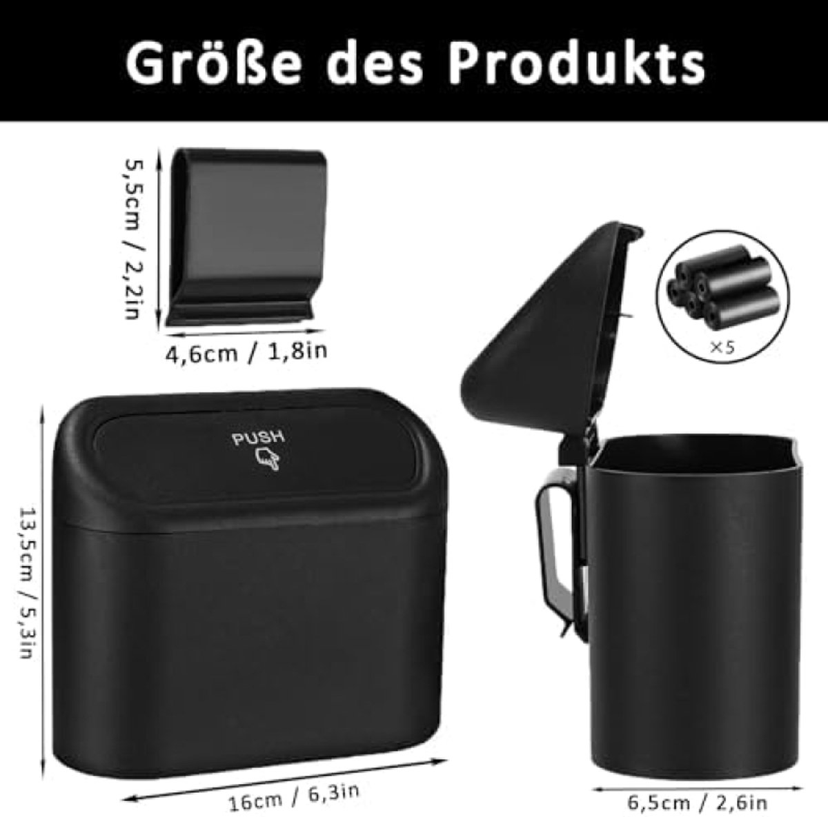 Compacte hangende afvalbak met deksel voor auto en bureau