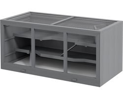 Hamsterkooi - Cavia kooi - Rattenkooi - Huisje - 2 Niveaus - Verwijderbare Lade - Met Voederstation - Zaag - Loopplank - Hutten - Hangbrug - Hout - 115L x 57B x 55H cm - Grijs
