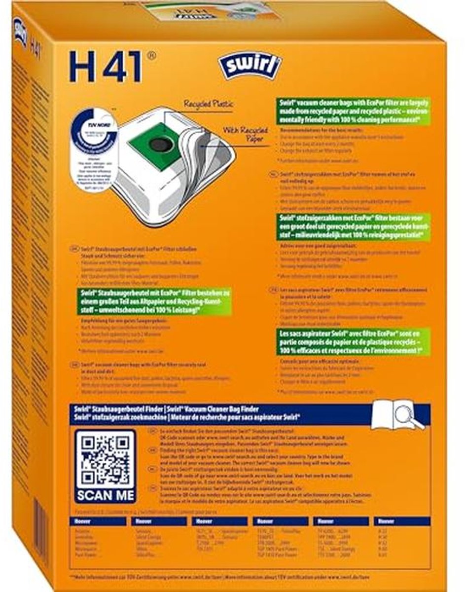 MicroPor Plus stofzuigerzakken H 41 met anti-allergeenfilter en AntiBac-systeem - 4 Stuks