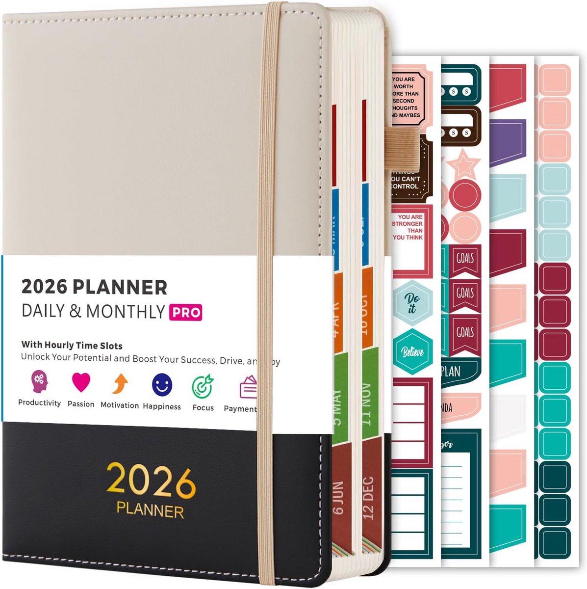 Dagplanner 2026 - 365 dagen, 13,7 x 20,4 cm, uurschema, etiketten en stickers voor een georganiseerd jaar