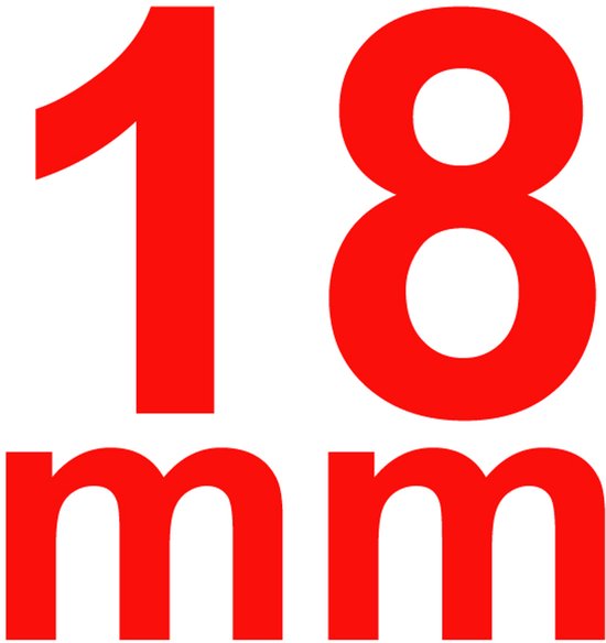 Rood cijfer "18" met "mm" eronder, duidt op breedte van 18 millimeter.