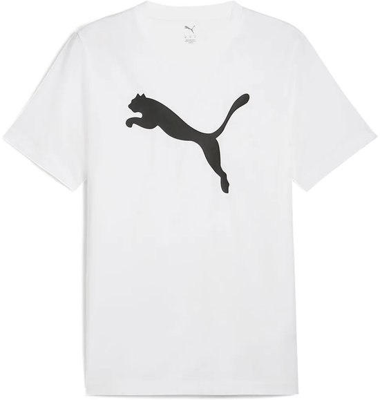 Wit Puma T-shirt met grote zwarte Puma-kat logo op de voorkant.