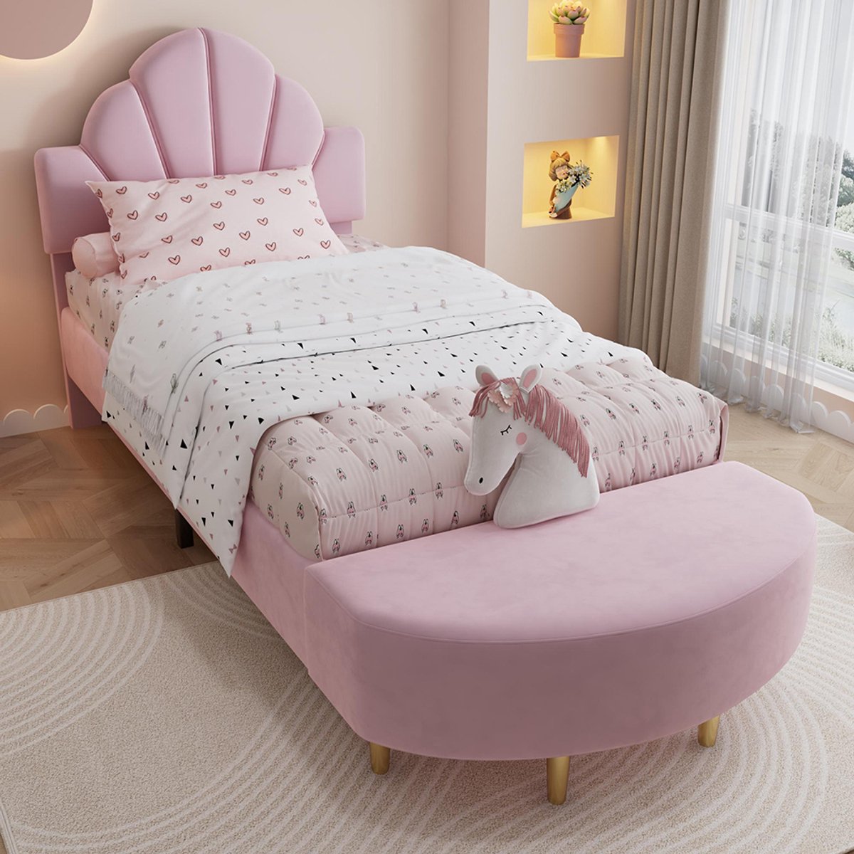 BLACKCOLORS Gestoffeerd bed, eenpersoonsbed, fluwelen hoofdeinde, met een bedbank in dezelfde kleur, zachte schokbestendige schuimrubberen rand, stabiel bedframe, fluweel + multiplex, roze, 90 x 200 cm