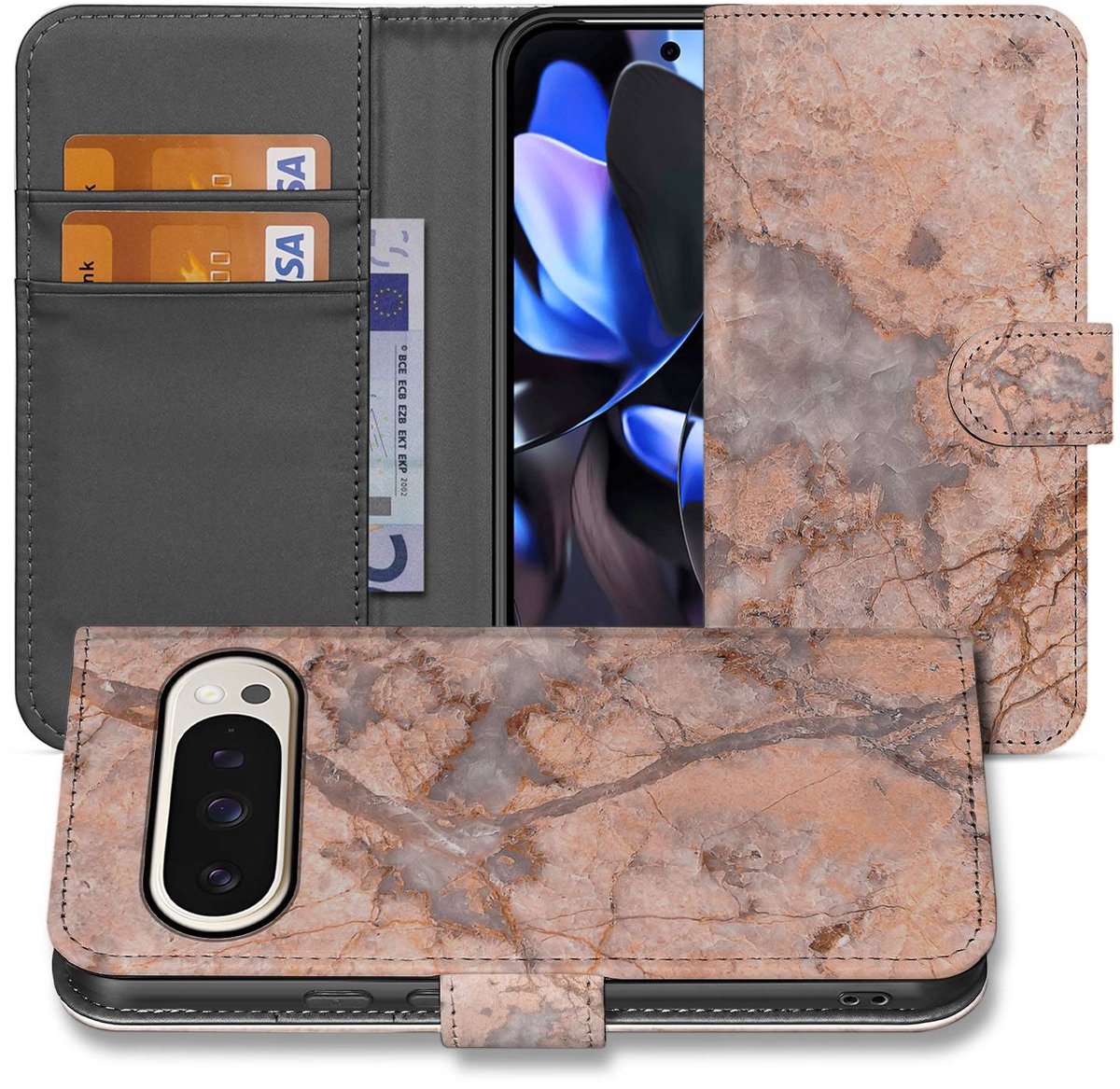 Book Case Google Pixel 10 Pro XL Marmer Oranje Boekhoesje Met Pasjes