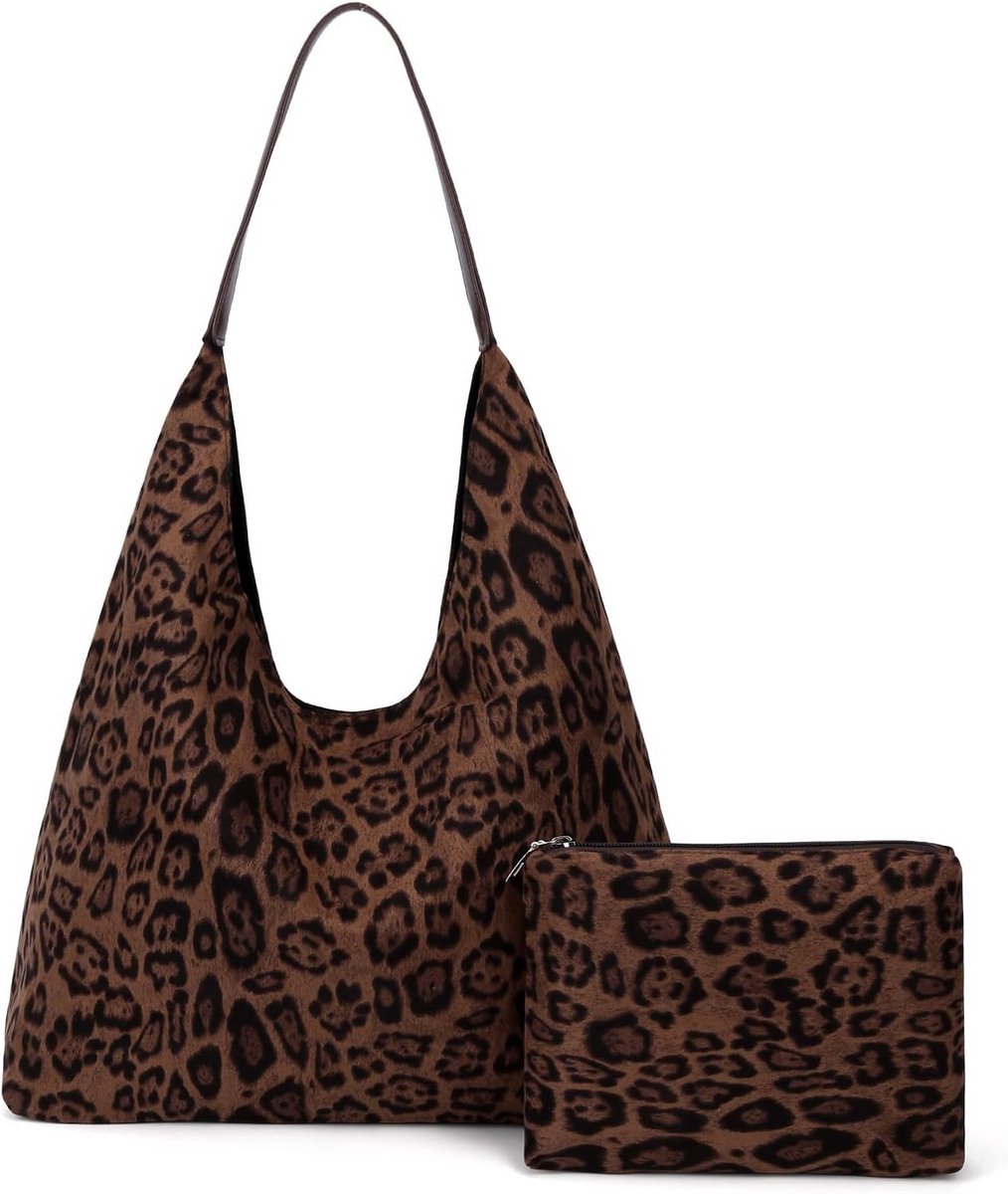 Suede Tote Bag voor Vrouwen - Luipaard Print Hobo Bag en Slouch Bag
