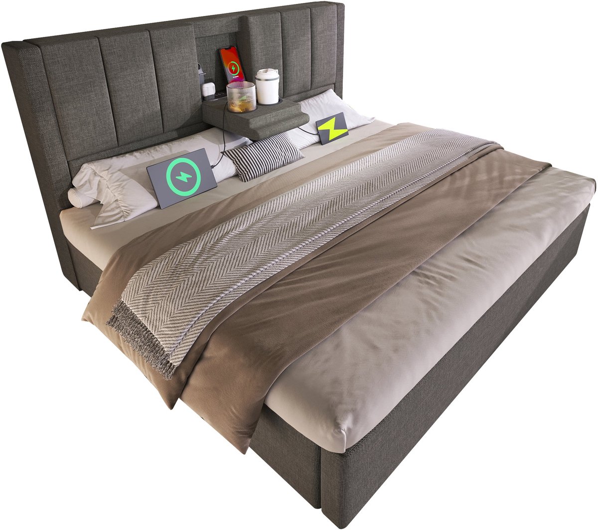 Merax Gestoffeerd Bed 140x190 cm - Bed met Opbergruimte - Hydraulisch Liftmechanisme - Hoofdbord met Inklapbare Bekerhouders - USB & Type-C Oplaadstation - Houten Lattenbodem - Linnen - Grijs - Zonder Matras