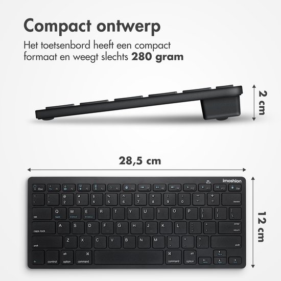 imoshion Compact Draadloos Toetsenbord Ergonomisch - QWERTY - Bluetooth Keyboard - Zwart