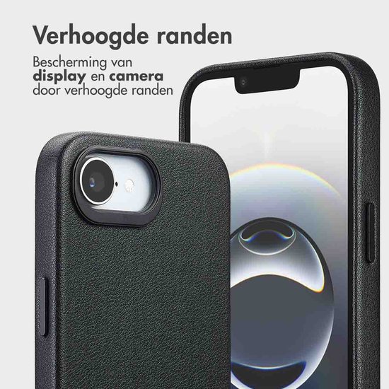 Zwarte leren telefoonhoes met verhoogde randen voor scherm- en camera-bescherming.