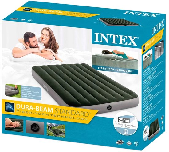 Doos Intex luchtbed met afbeeldingen van een stel, productafmetingen en Fiber-Tech technologie.