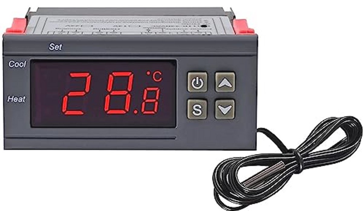 Digitale temperatuurregelaar met LED-display en 1m NTC 10K sensor - Verwarming en koeling