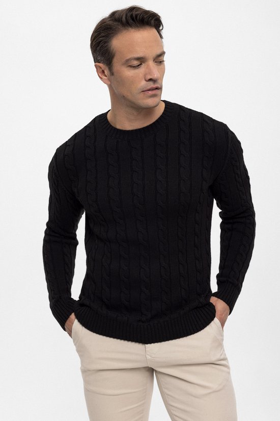 Pull Felix Hardy à col rond en maille torsadée - 100 % Katoen - Noir - Zwart L