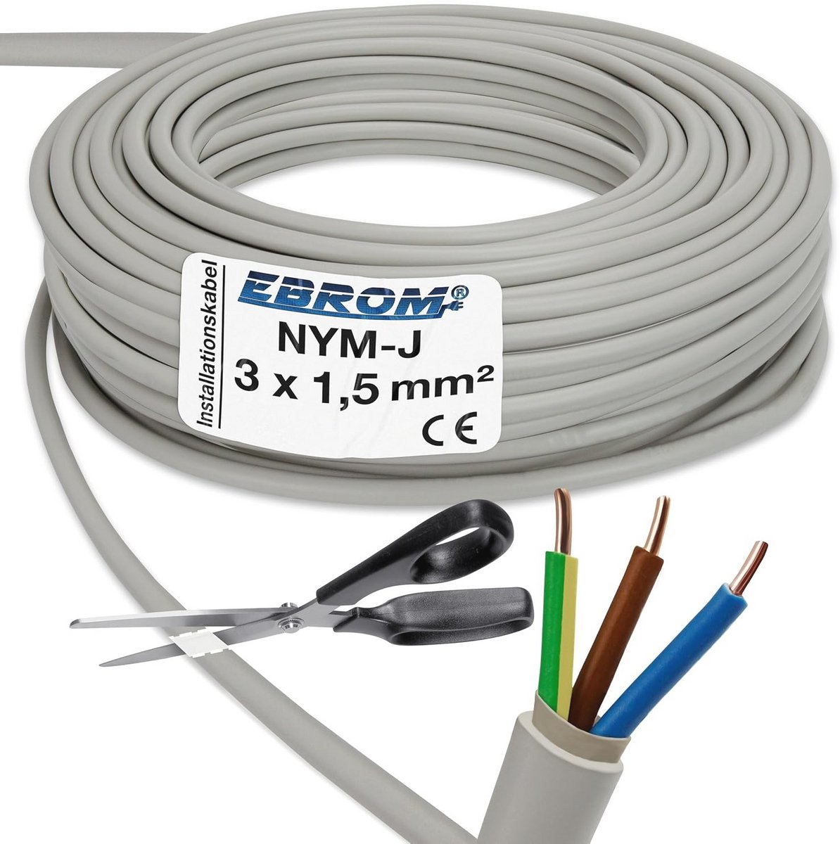 Mantelkabel 3 x 1,5 mm² voor vochtige ruimtes - Installatiekabel - Diverse lengtes beschikbaar van 5 tot 250 meter