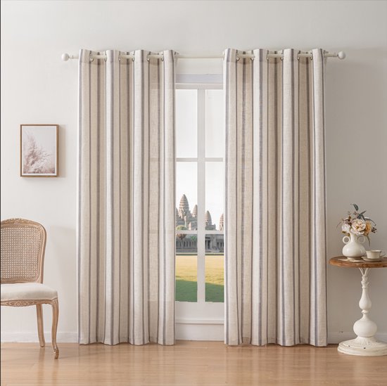 Rideaux rayés mélange lin Tickingstripe Rideaux filtrant la lumière Bleu imprimé sur rideaux beige pour salon et chambre à coucher, avec crochets anneaux, 140x220 cm