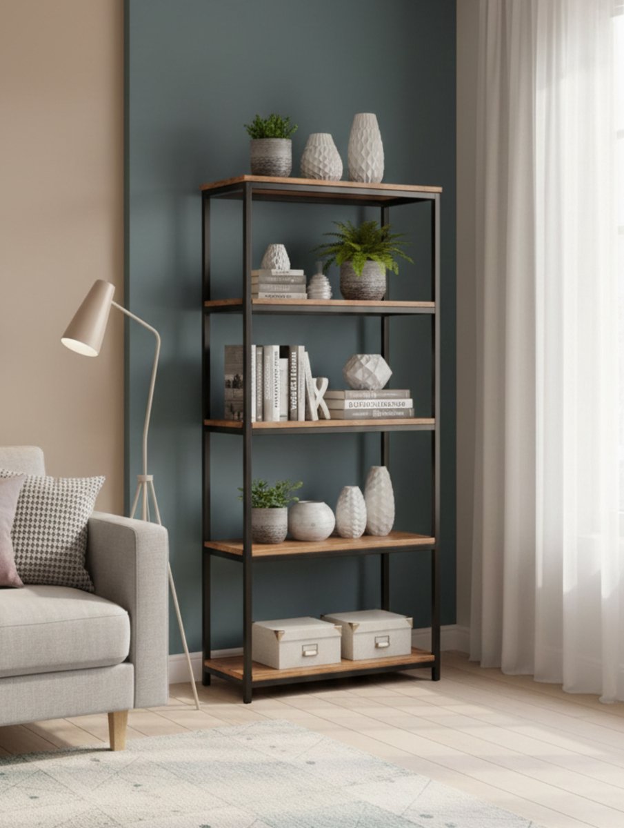 Boekenkast Vintage Industrieel Mangohout – 5 Planken, Naturel/Zwart, 180x90x35 cm – Stoere Open Kast voor Woonkamer en Kantoor – Altameubel