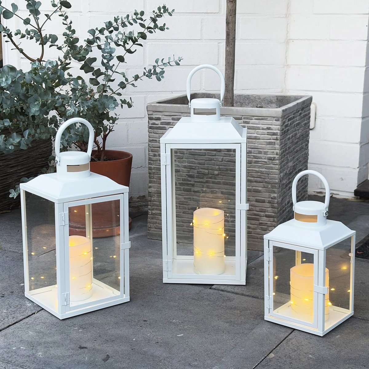 Set van 3 metalen tuinlantaarns voor buiten - Wit, H24/33/41cm