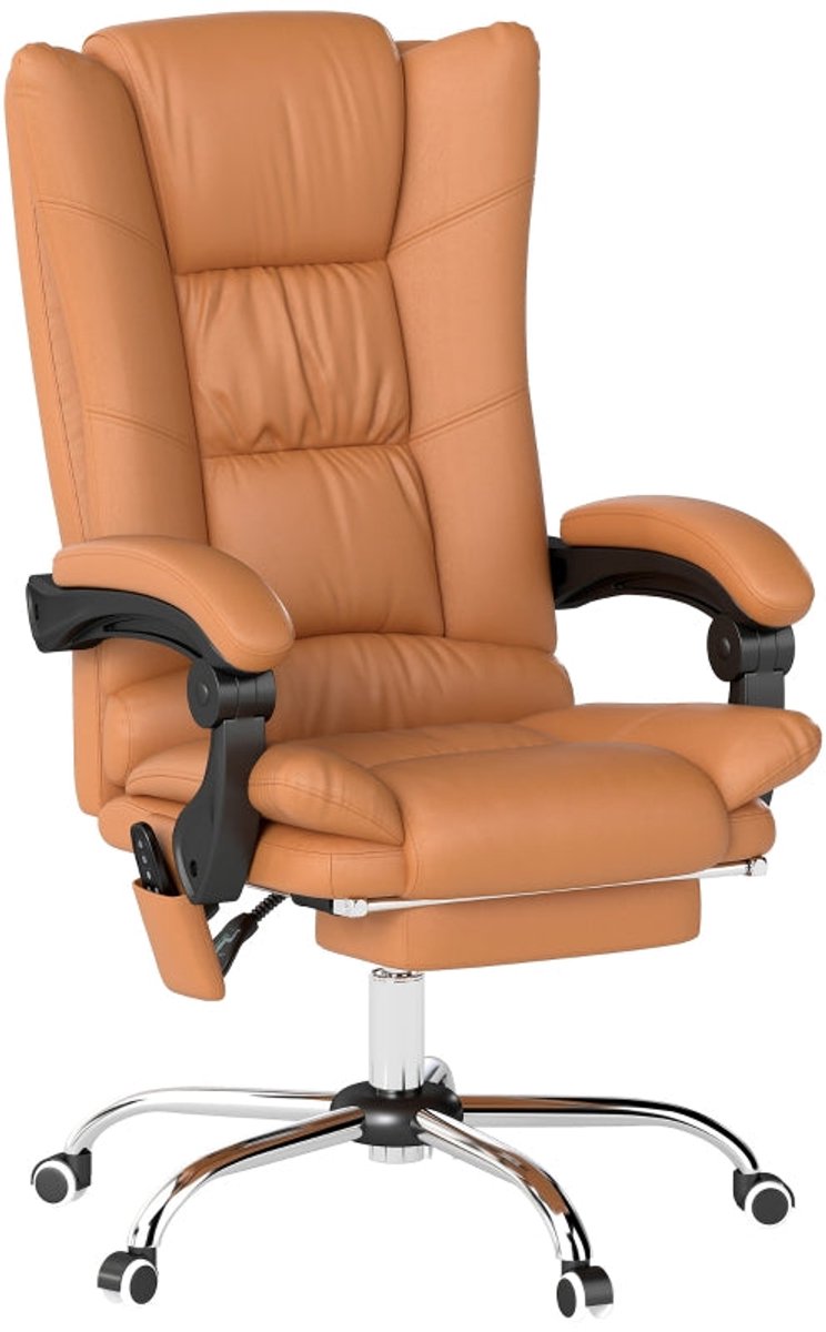 Merax Massage Bureaustoel met Verwarming – Verstelbare Rugleuning en Uittrekbare Voetsteun – Ergonomische Luxe PC Stoel – Hellbruin