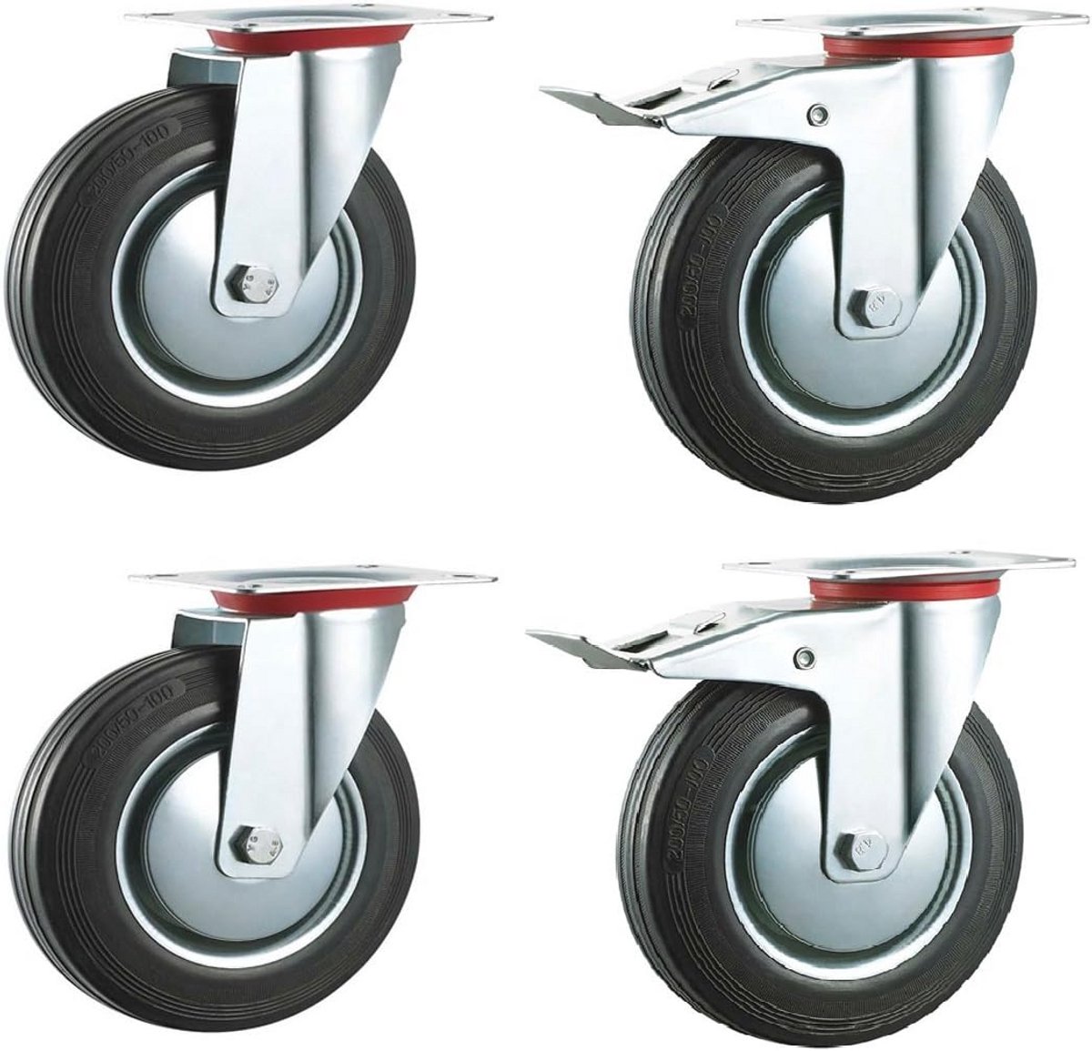100 mm zwarte rubberen industriële wielen met remmen - Heavy Duty tot 400 kg