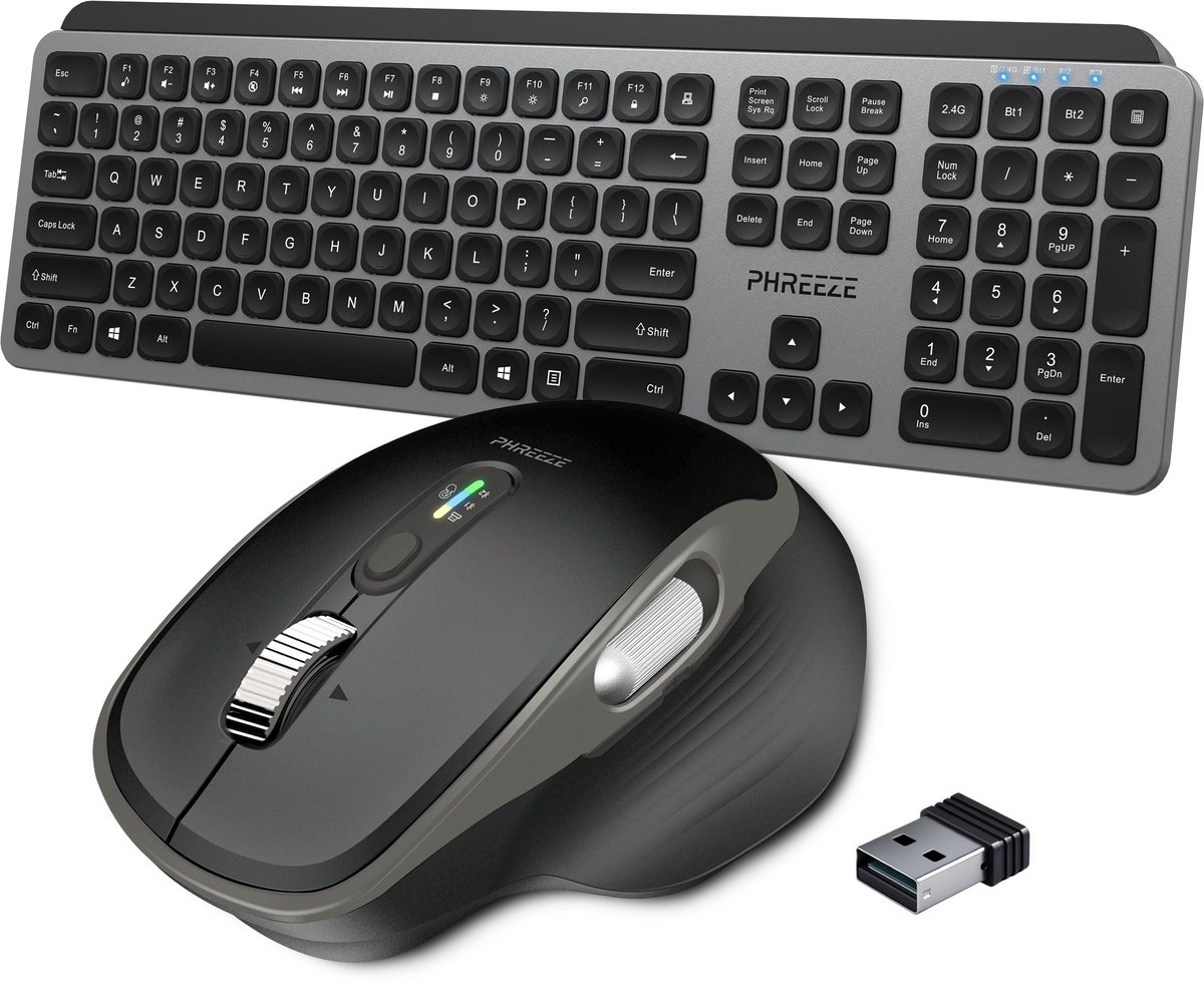 Phreeze draadloos toetsenbord met muis - bluetooth en usb ontvanger - stil - ergonomisch - oplaadbaar - usb c - geschikt voor pc laptop tablet - zwart